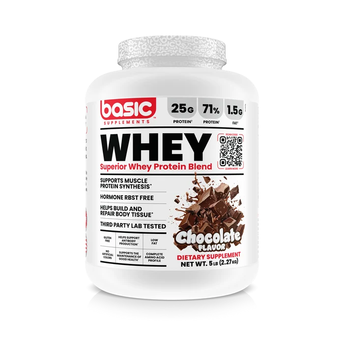 Whey protein supplement container with chocolate flavor on a white background